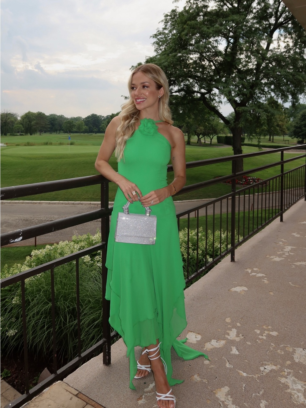 Elegant Green Halter Midi Dress with Flower Neck Detail